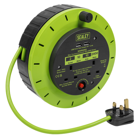 Sealey BCR10G 10m Cassette Type Cable Reel Green with Thermal Trip 2 x 230V and 2 x USB
