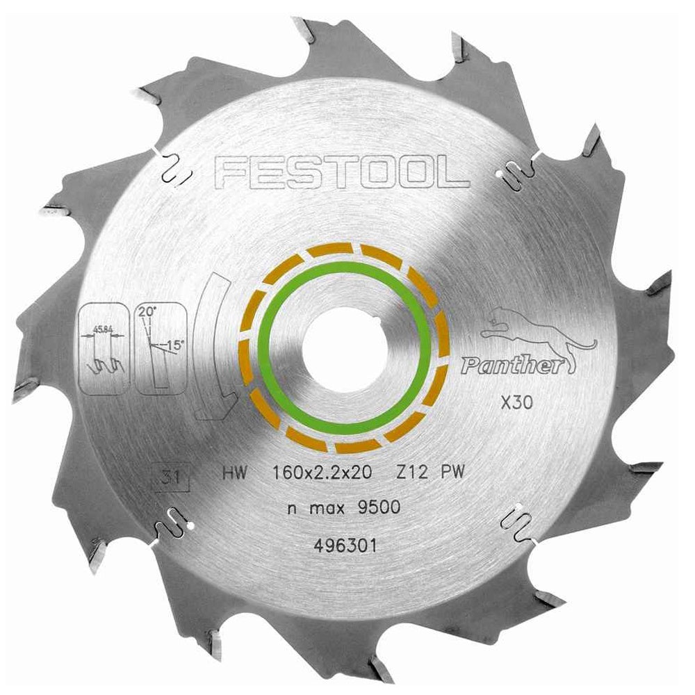 Festool 160mm x 20mm x 12T Panther Saw Blade for TS55 Plunge Saw 496301