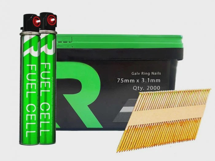 RIKA FFNR005 1st Fix Collated Nails Galv Ring 75 x 3.1mm 2000pk & 2pk Fuel Cells