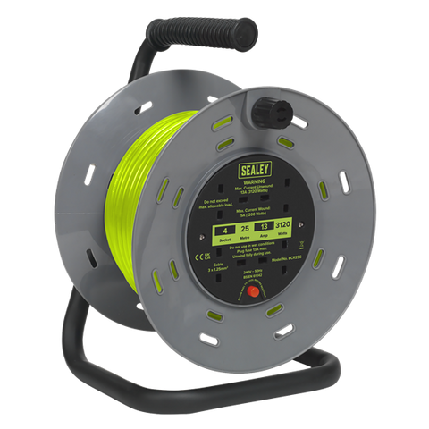 Sealey BCR25G 25m Cable Reel with Thermal Trip 4 x 230V - Hi-Vis Green