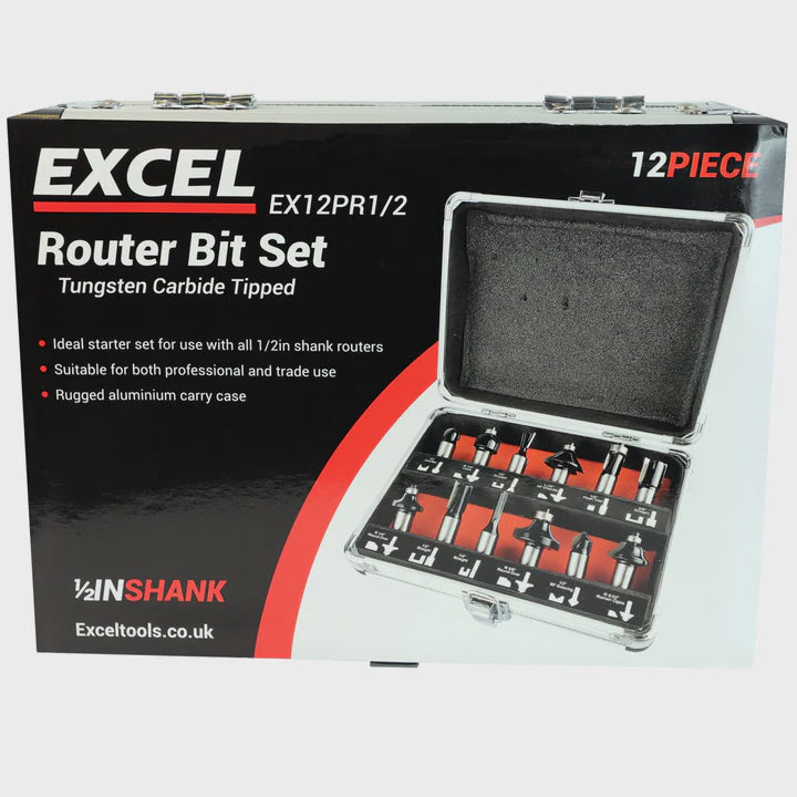 Excel 1/4in Shank TCT Router Cutter Bit 12 Piece Set