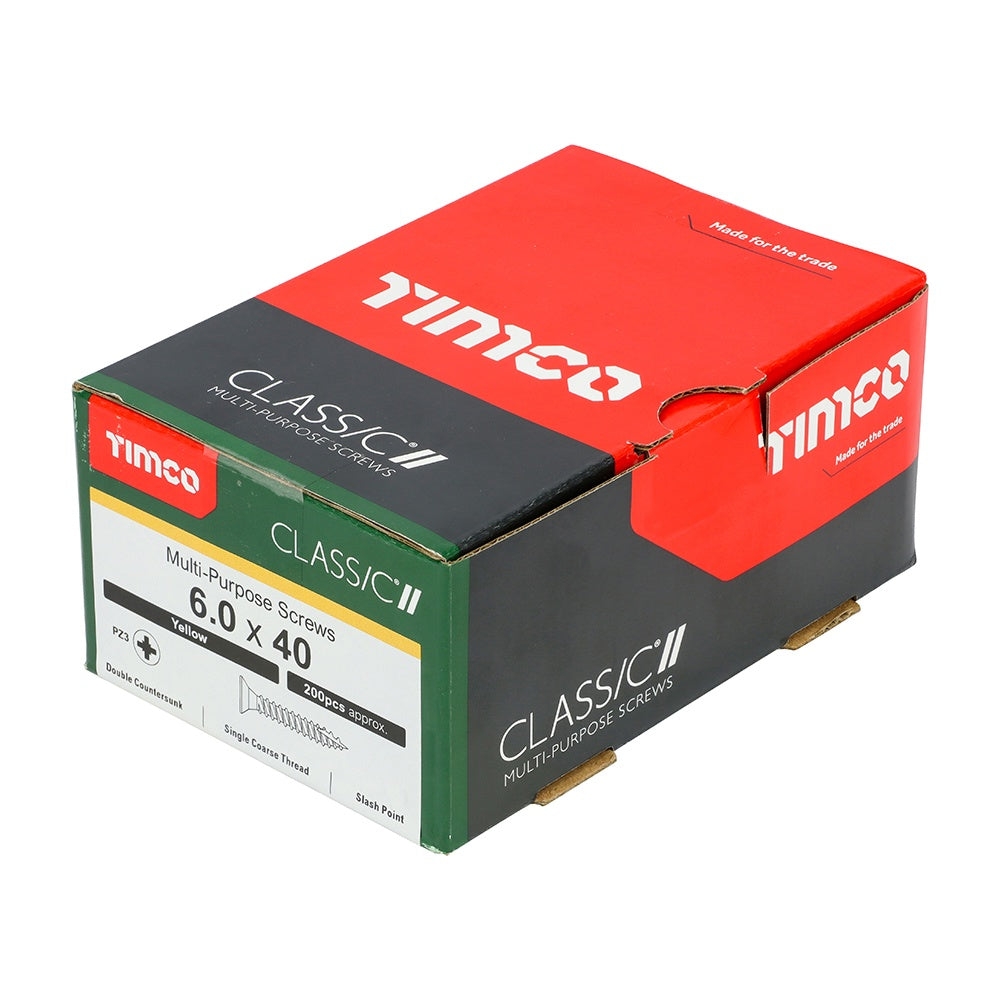 Timco 6.0 x 40mm Classic Multi-Purpose Screws Countsunk Head Yellow (200/Box) 60040CLAF