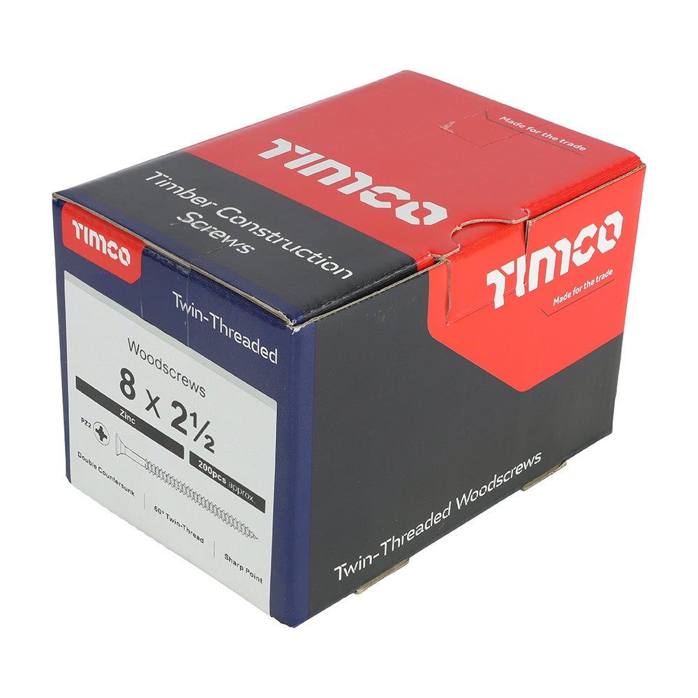 Timco 8 x 2 1/2" Twin Threaded Woodscrews Countsunk Head Zinc (200/Box) 08212CWZ