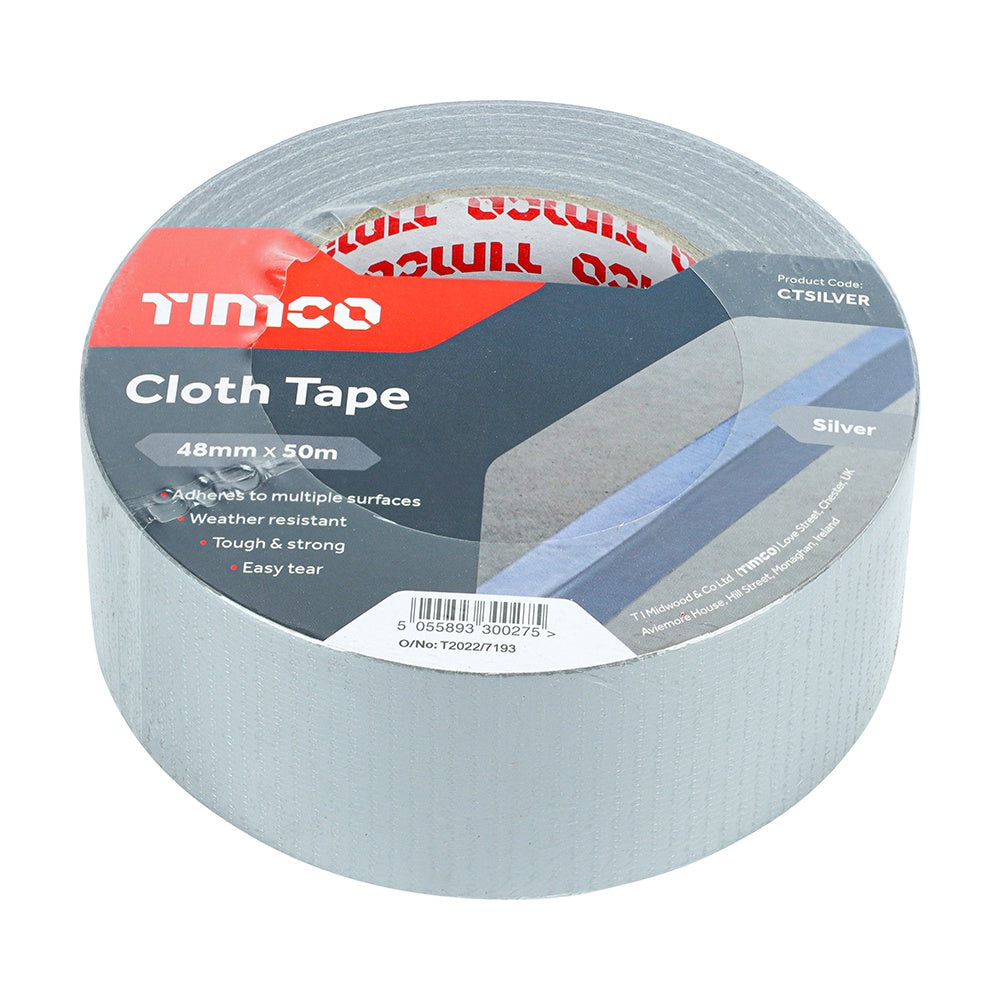 Timco 50m x 48mm Standard Cloth Tape Silver Tough & strong CTSILVER
