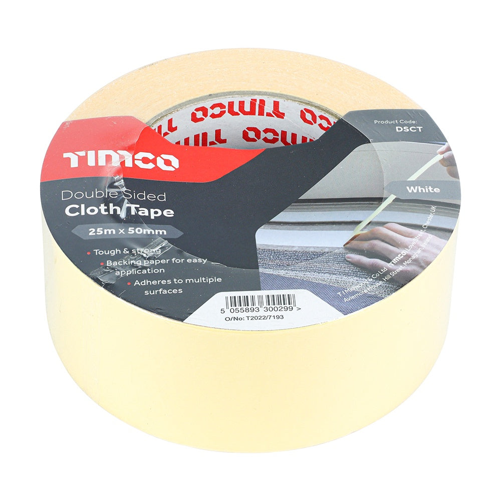 Timco 25m x 50mm Double Sided White Cloth Tape Tough & strong DSCT