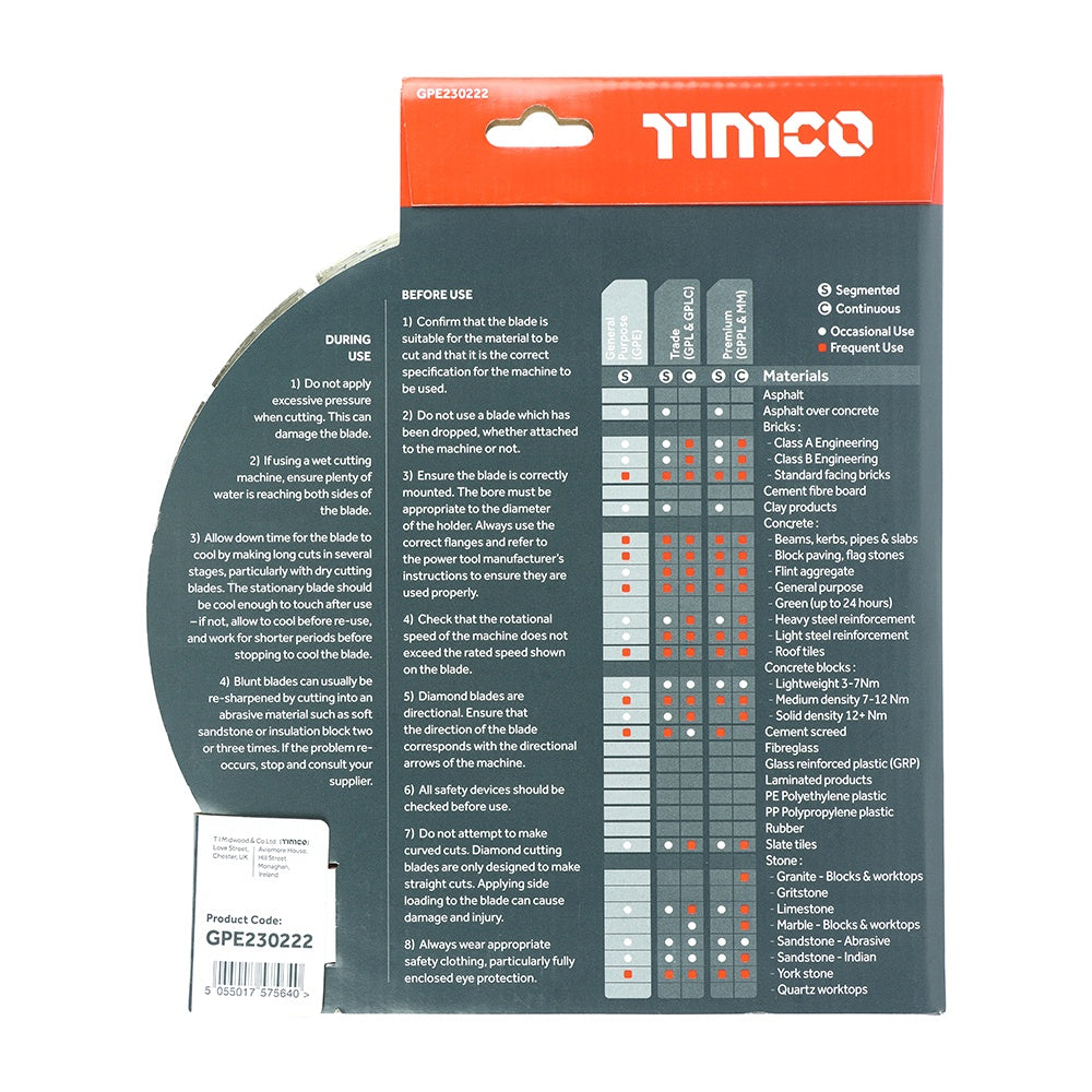 Timco 230 x 22.2mm General Purpose Diamond Blade Segmented GPE230222