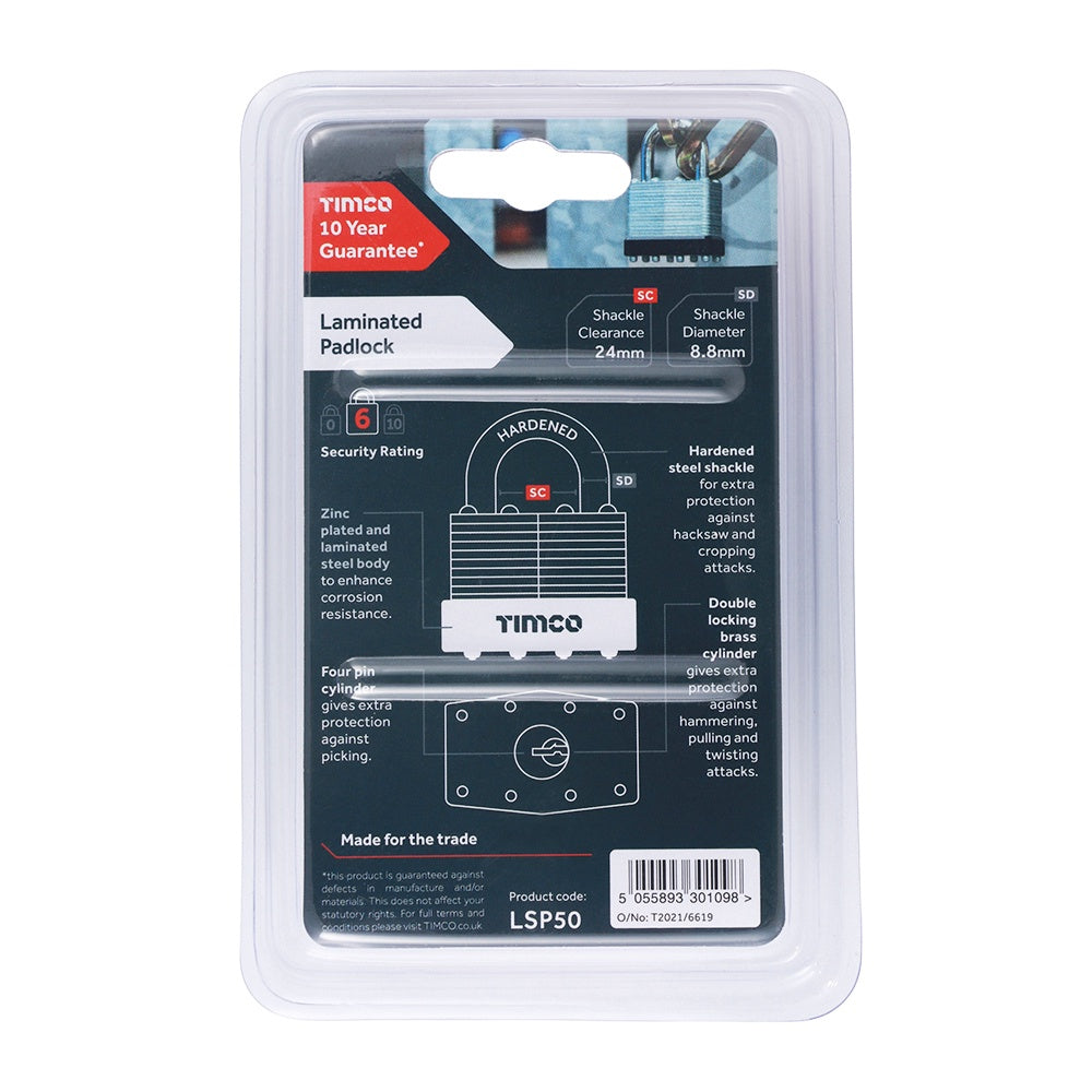 Timco 50mm Laminated Padlock Hardened steel shackle LSP50