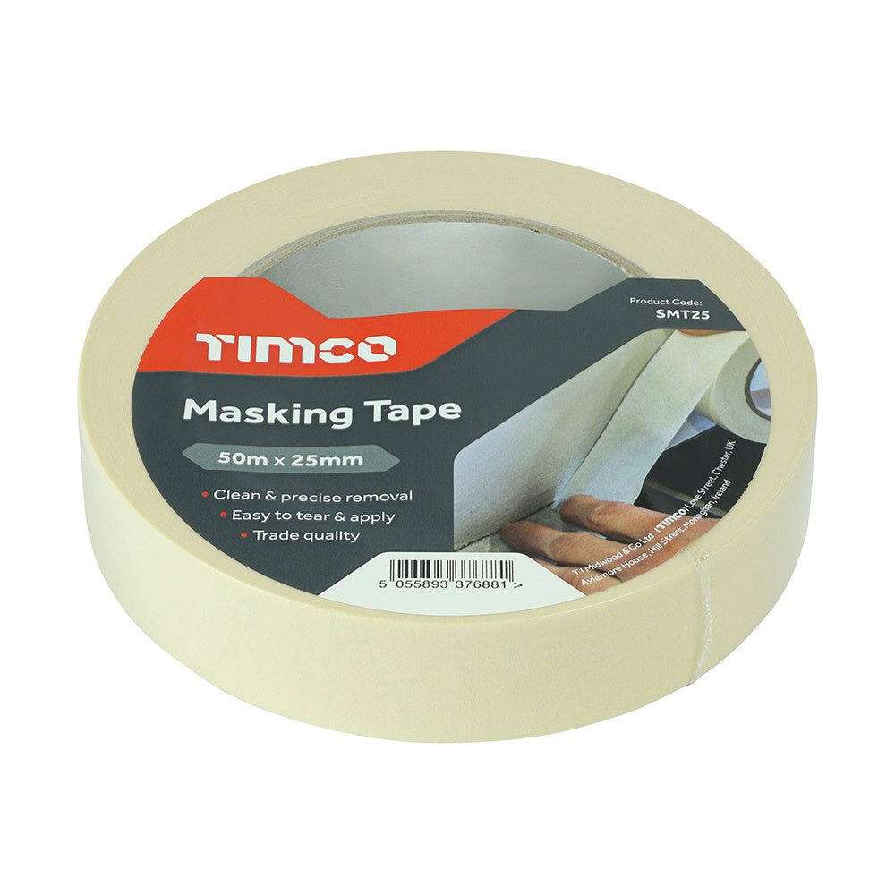 Timco 50m x 25mm Max Masking Cream Tape Clean & Precise Removal SMT25