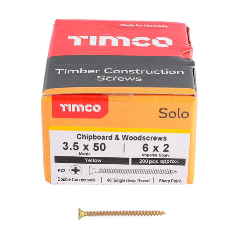 Timco Solo Chipboard & Woodscrews - PZ - Double Countersunk - Yellow 3.5 x 50 35050SOLOC