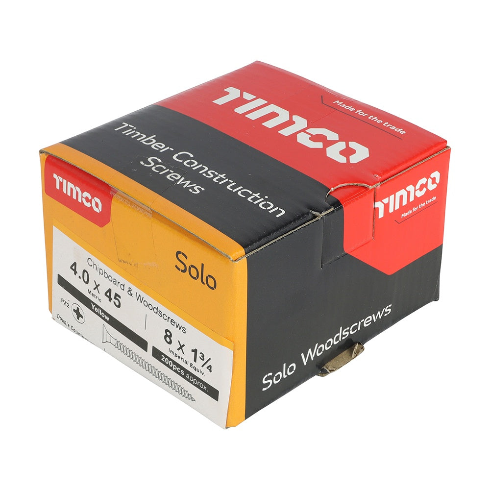 Timco 4.0 x 45mm Solo Chipboard & Woodscrews - PZ - Double Countersunk - Yellow 40045SOLOC