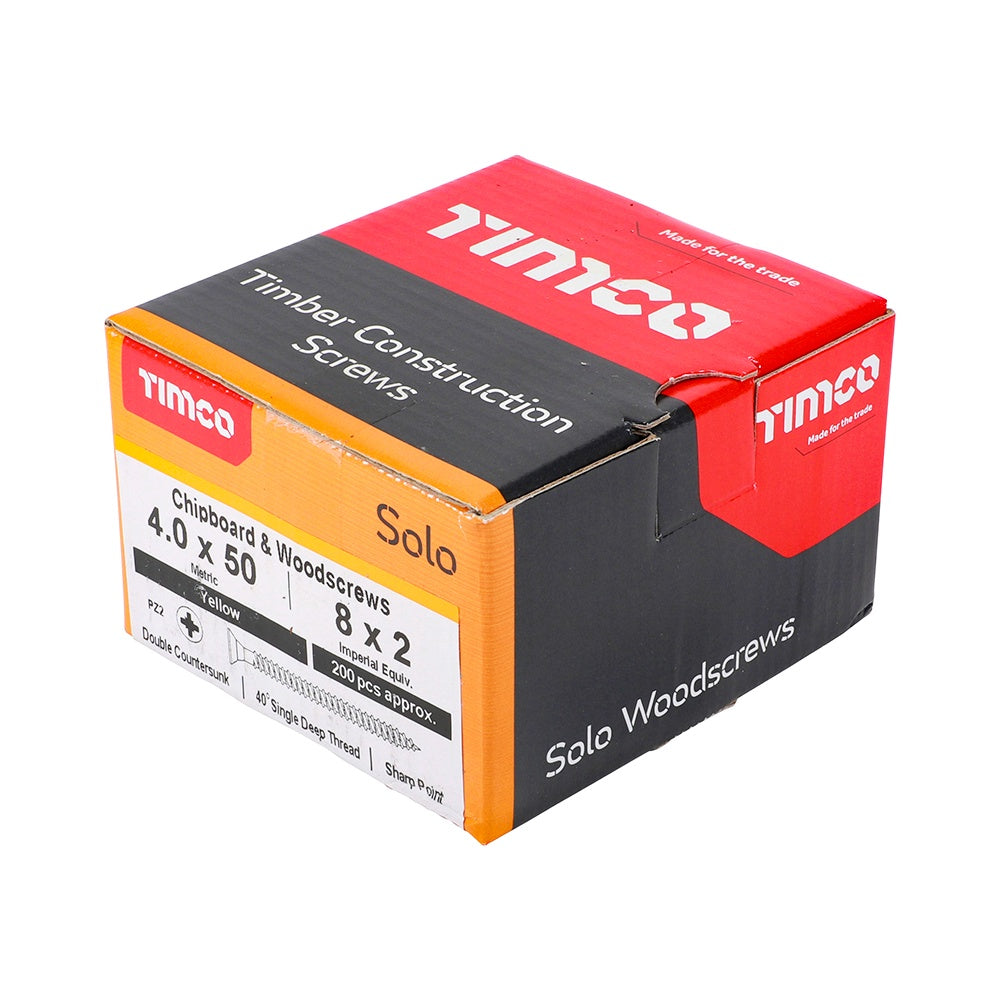 Timco 4.0 x 50mm Solo Chipboard & Woodscrews - PZ - Double Countersunk - Yellow 40050SOLOC