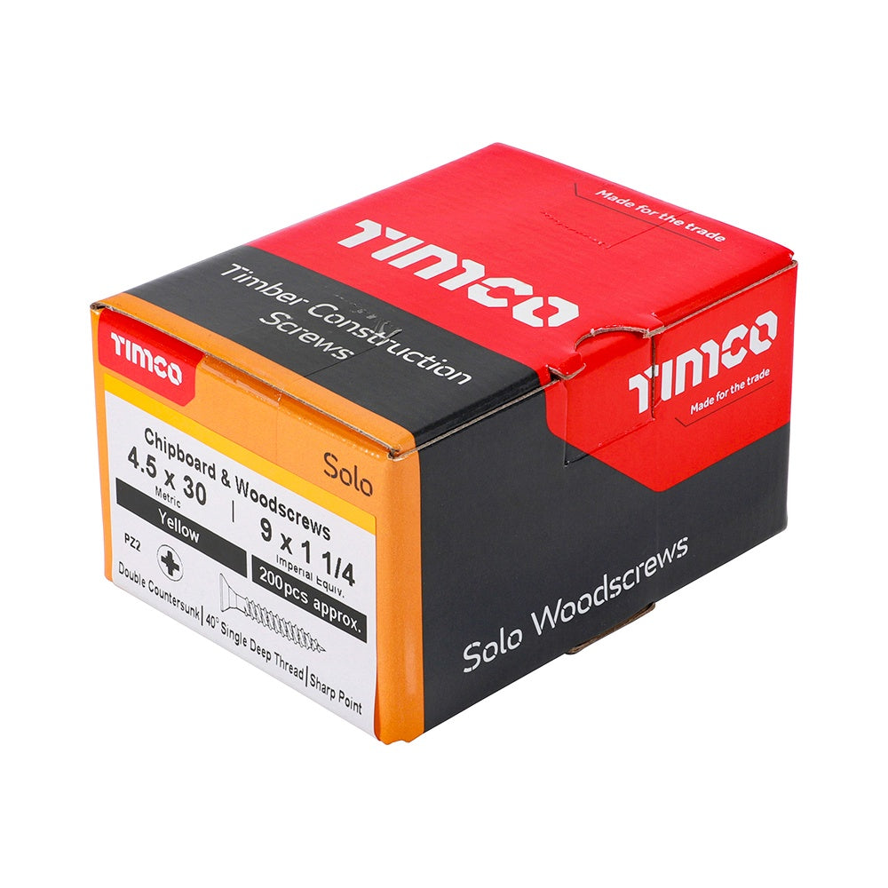 Timco 4.5 x 30mm Solo Chipboard & Woodscrews - PZ - Double Countersunk - Yellow 45030SOLOC