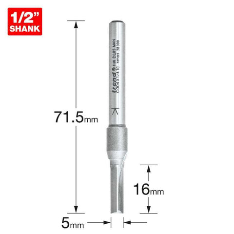 Trend 1/4" Two Flute Straight Cutter 5mm Dia. x 16mm Cut C004X1/4TC