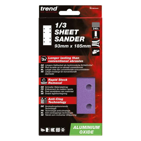Trend Aluminium Oxide 1/3 Sheet Sanding Sheet 10pc 93mm x 185mm 240 grit AB/THD/240A