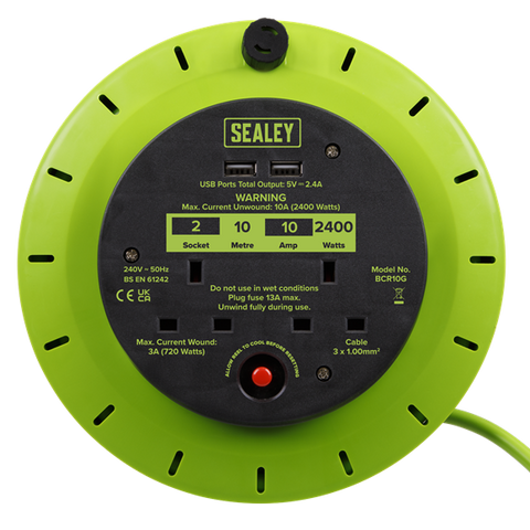 Sealey BCR10G 10m Cassette Type Cable Reel Green with Thermal Trip 2 x 230V and 2 x USB