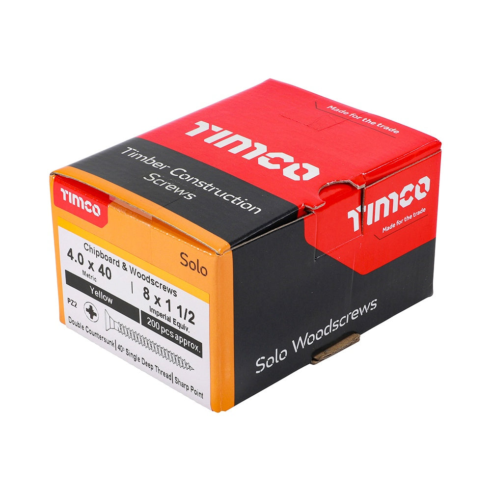 Timco 4.0 x 40mm Solo Chipboard & Woodscrews - PZ - Double Countersunk - Yellow 40040SOLOC