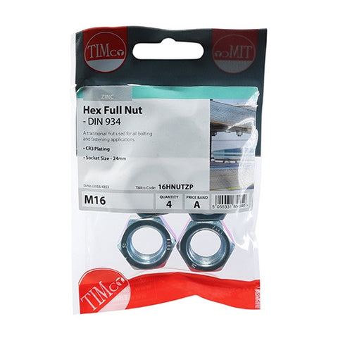 Timco Hexagonal Full Nut (DIN 934) Zinc M16 (4/TimBag) 16HNUTZP