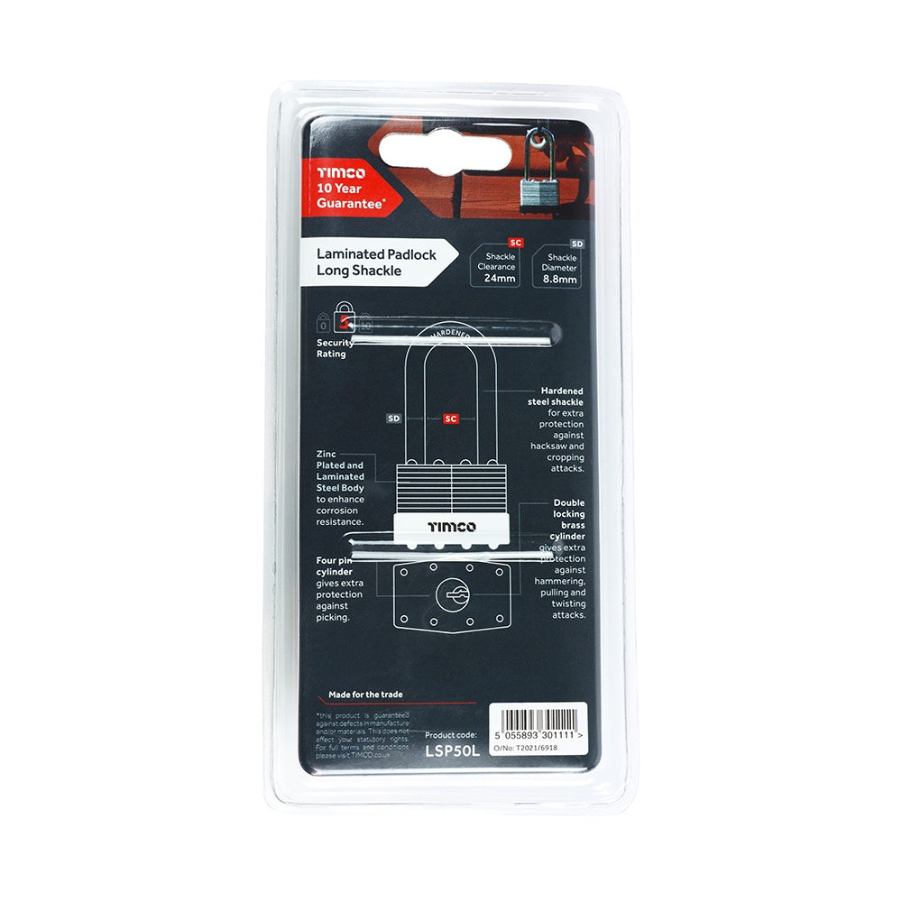 Timco 50mm Laminated Padlock Long Shackle Zinc Plated & Laminated Steel LSP50L