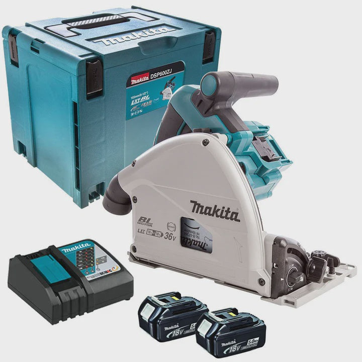Makita DSP600ZJ 36V Brushless 165mm Plunge Saw with 2 x 5.0Ah Battery Charger & Makpac Case