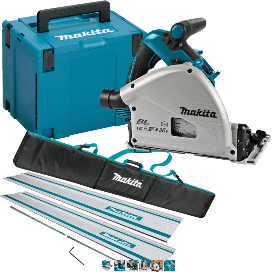Makita DSP601ZJU 36V Brushless AWS Plunge Saw with 2 x 1.5m Guide Rail & Case + Rail Bag
