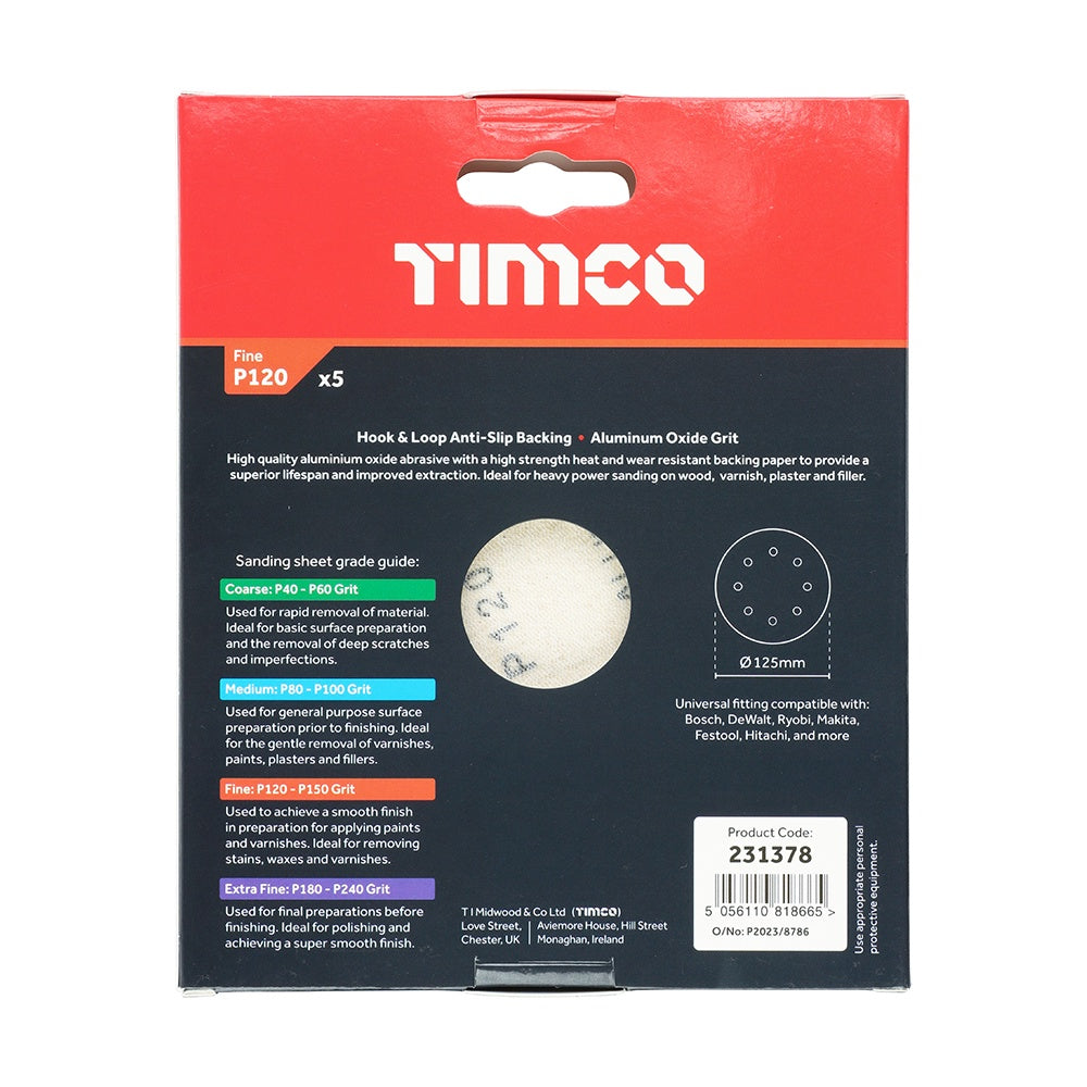 Timco 125mm Random Orbital Sanding Discs 120 Grit Red 231378