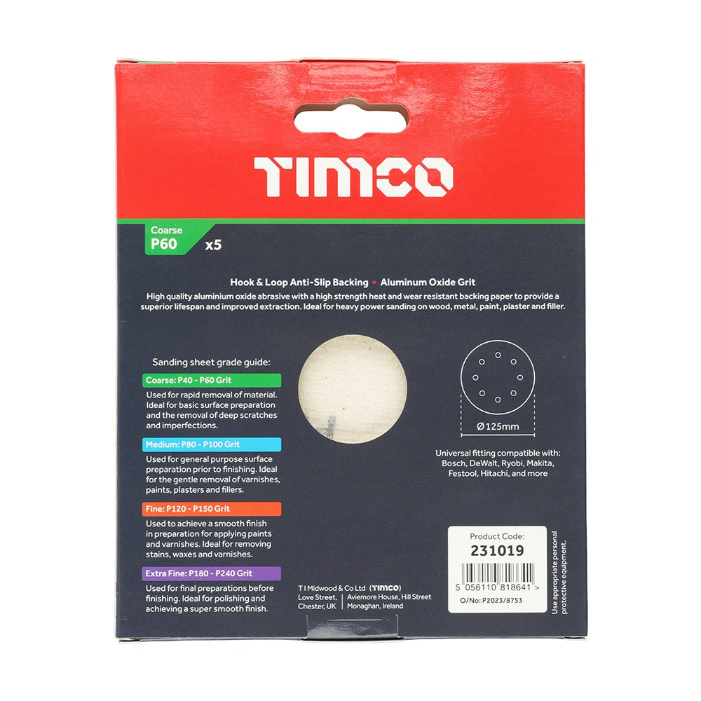 Timco 125mm Random Orbital Sanding Discs 60 Grit Red 231019