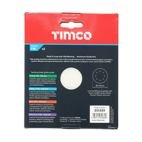 Timco 125mm Random Orbital Sanding Discs 80 Grit Red 231555
