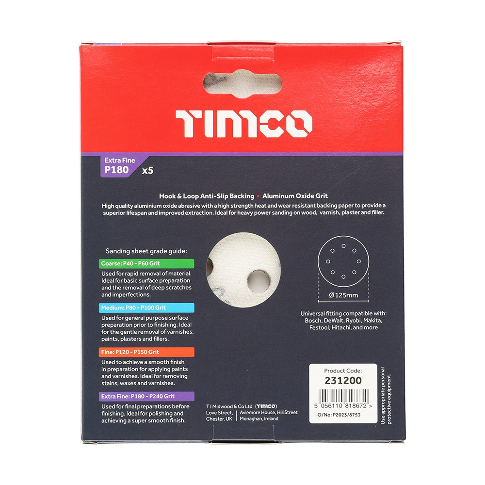 Timco 125mm Random Orbital Sanding Discs 180 Grit Red 231200