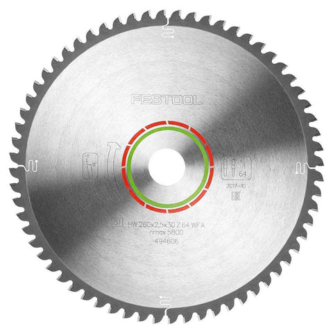 Festool 260mm x 2.5mm x 30mm 64T Laminate / HPL Saw Blade - 494606