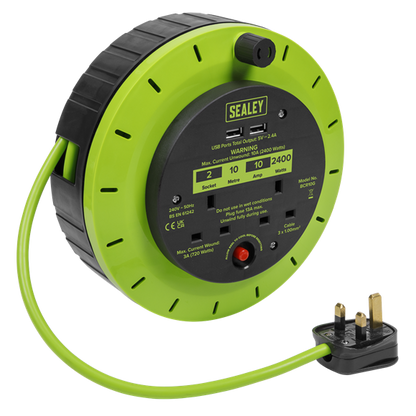 Sealey BCR10G 10m Cassette Type Cable Reel Green with Thermal Trip 2 x 230V and 2 x USB