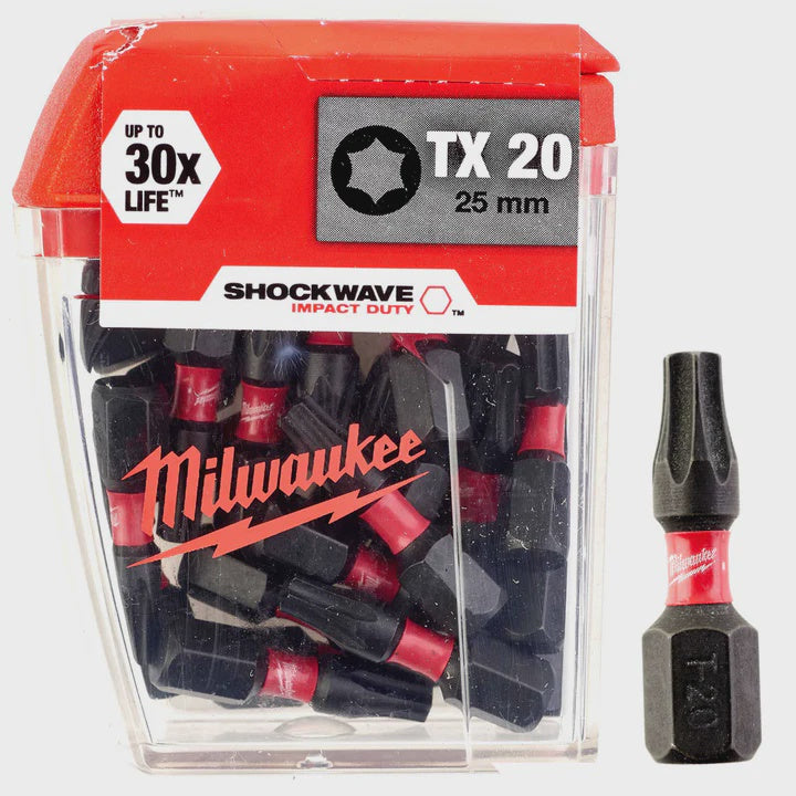 Milwaukee Shockwave TX20 1/4" 25mm Screwdriver Bit Box 25 Piece 4932430875