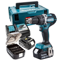 Makita DHP484TJX9 18V LXT Combi Drill With 2 x 5.0Ah Batteries Charger & B-68323 Bit Set In Case
