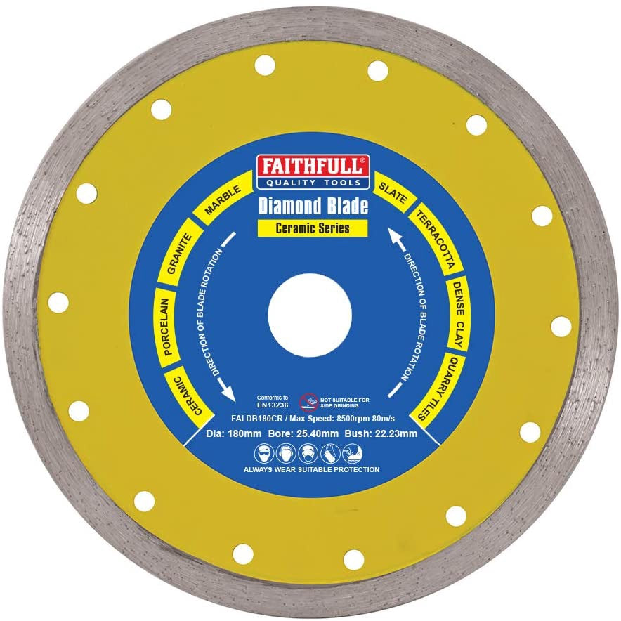 Faithfull 180 x 25.4mm Porcelain Diamond Tile Blade Continuous Rim FAIDB180CRP