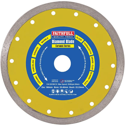 Faithfull 180 x 25.4mm Porcelain Diamond Tile Blade Continuous Rim FAIDB180CRP