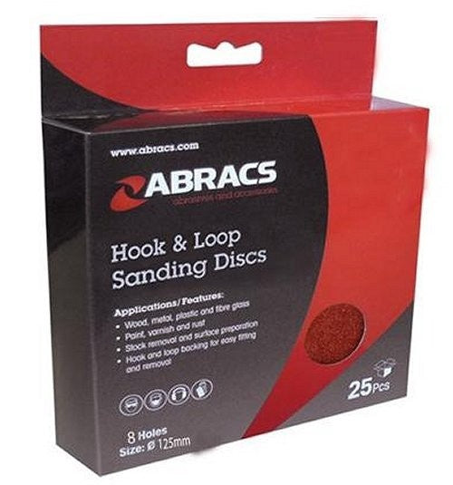 Abracs Hook & Loop 125mm Sanding Discs 8 Holes 80G Pack of 25 ABHL8125080