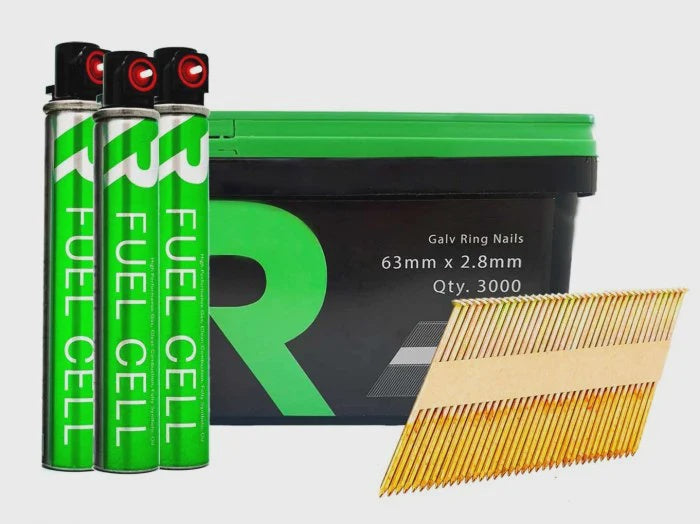 RIKA FFNR003 1st Fix Collated Nails Galv Ring 63 x 2.8mm 3000pk & 3pk Fuel Cells