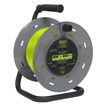 Sealey BCR25G 25m Cable Reel with Thermal Trip 4 x 230V - Hi-Vis Green