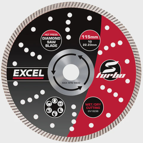 Excel 115mm Diamond Cutting Saw Blade Slim Turbo Wet & Dry Use