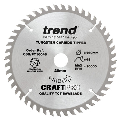 Trend Craft Super Fine Finish Plunge Saw Blade 160mm Dia. X 48 Teeth X 20mm Bore X 2.2mm Kerf CSB/PT16048