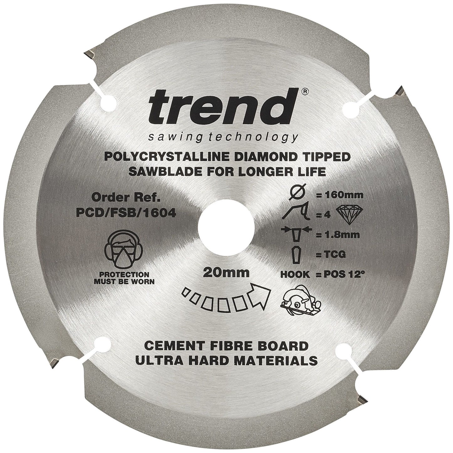 Trend PCD Cement Fibre Board Saw Blade 160mm Dia. X 4 Teeth X 20mm Bore X 1.8mm Kerf PCD/FSB/1604