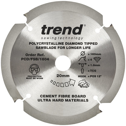Trend PCD Cement Fibre Board Saw Blade 160mm Dia. X 4 Teeth X 20mm Bore X 1.8mm Kerf PCD/FSB/1604