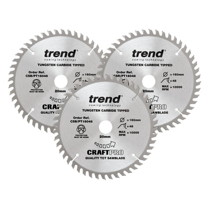 Trend Laminate/HPL Circular Saw Blade 160mm x 20mm x 48T, 3 Pack CSB/PT160/3PK