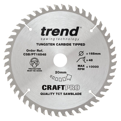 Trend Craft Super Fine Finish Plunge Saw Blade 165mm Dia. X 48 Teeth X 20mm Bore X 2.2mm Kerf CSB/PT16548