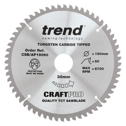 Trend Aluminium/Plastic Circular Saw Blade 190mm x 30mm x 60T CSB/AP19060