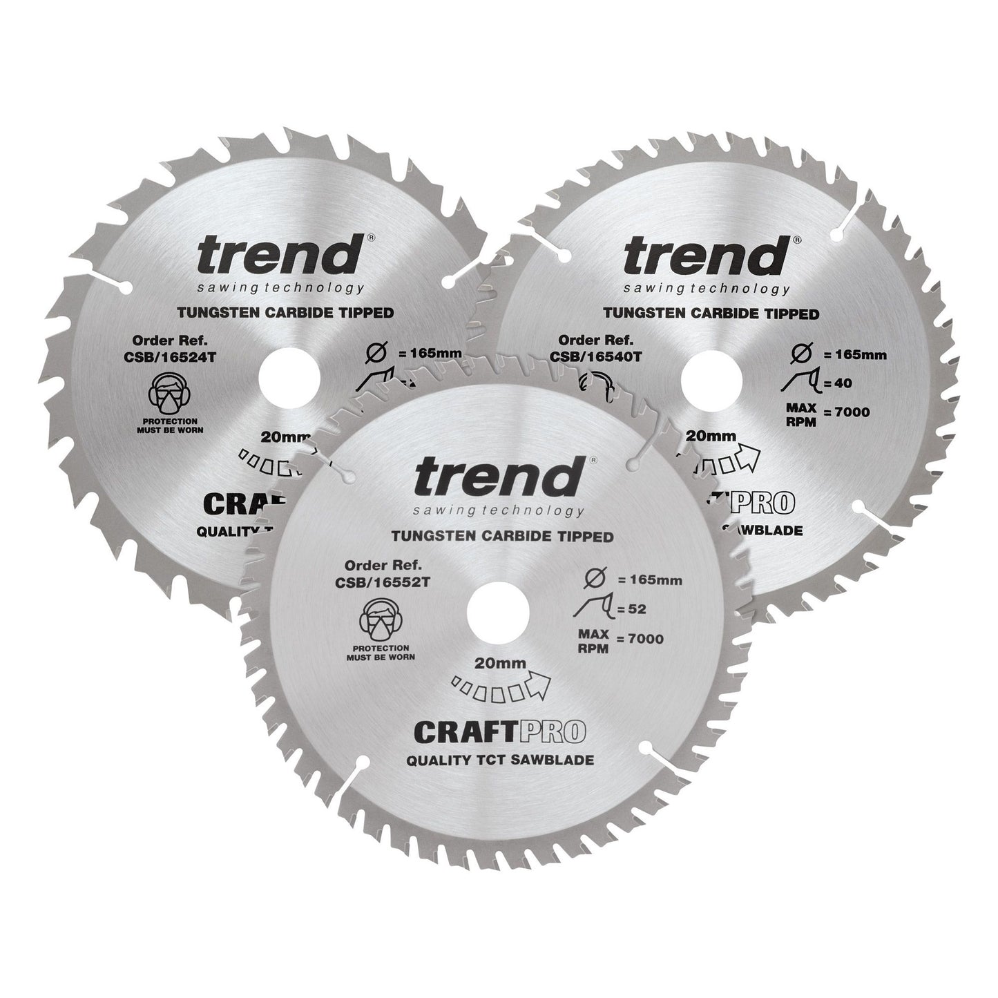 Trend Wood Cordless Circular Saw Blade 165mm x 20mm x 24/40/52T, 3 Pack CSB/165/3PK/B