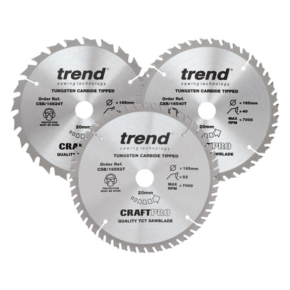 Trend Wood Cordless Circular Saw Blade 165mm x 20mm x 24/40/52T, 3 Pack CSB/165/3PK/B