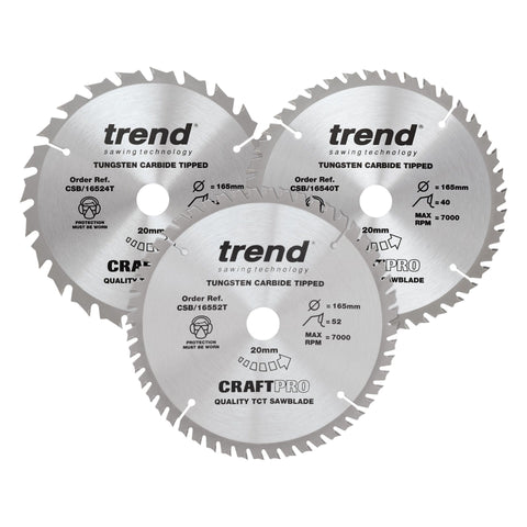 Trend Wood Cordless Circular Saw Blade 165mm x 20mm x 24/40/52T, 3 Pack CSB/165/3PK/B