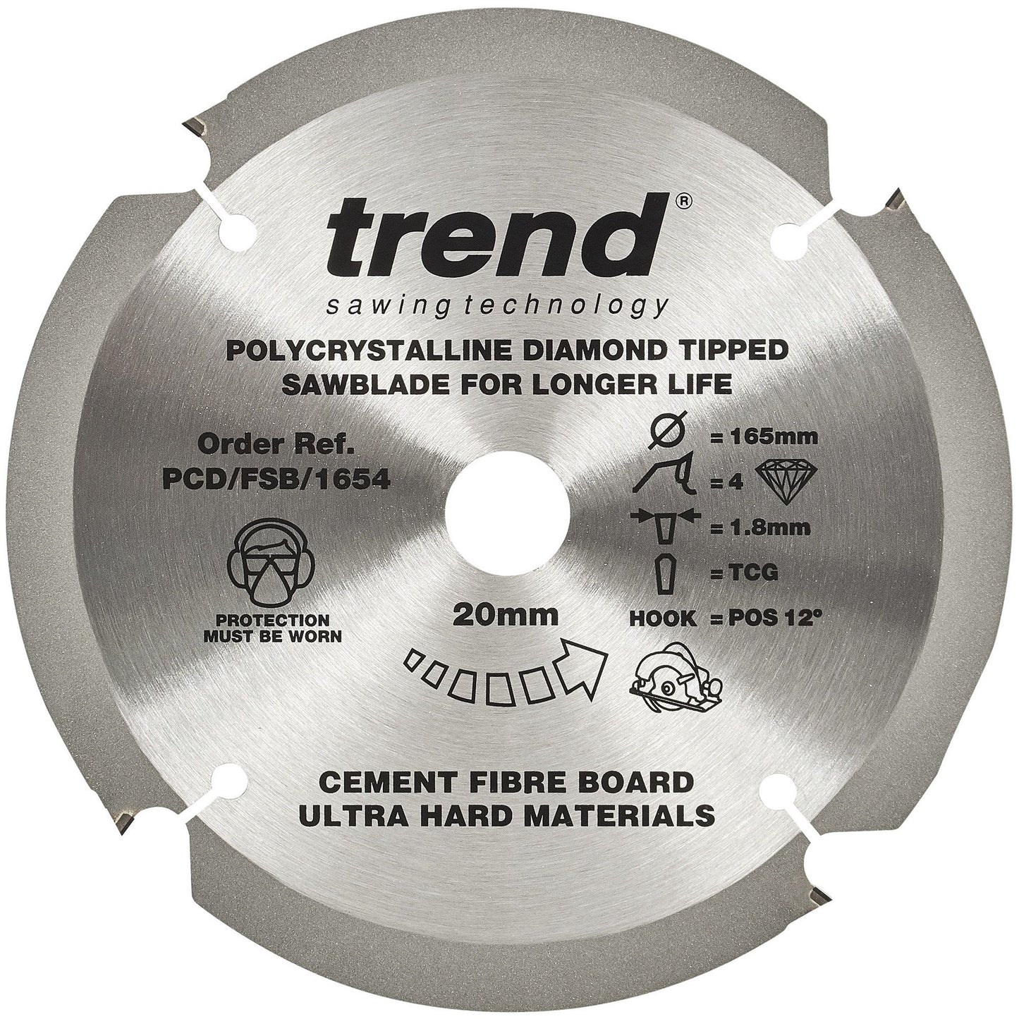 Trend PCD Cement Fibre Board Saw Blade 165mm Dia. X 4 Teeth X 20mm Bore X 1.8mm Kerf PCD/FSB/1654