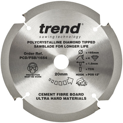 Trend PCD Cement Fibre Board Saw Blade 165mm Dia. X 4 Teeth X 20mm Bore X 1.8mm Kerf PCD/FSB/1654