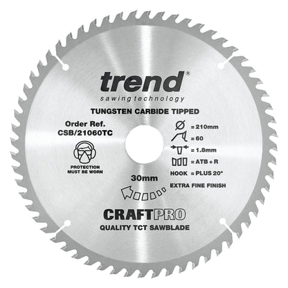 Trend Wood Cordless ATBR Circular Craft Thin Kerf Saw Blade 210mm x 30mm x 60T CSB/21060TC